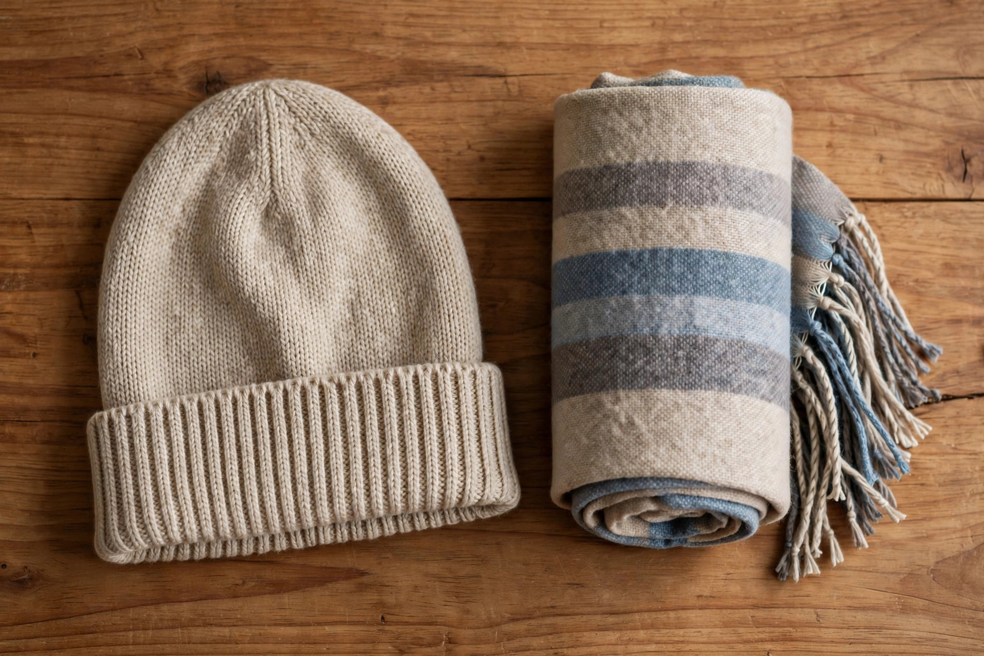 Beige Blue Grey Striped Knit Beanie & Scarf Set — image 5