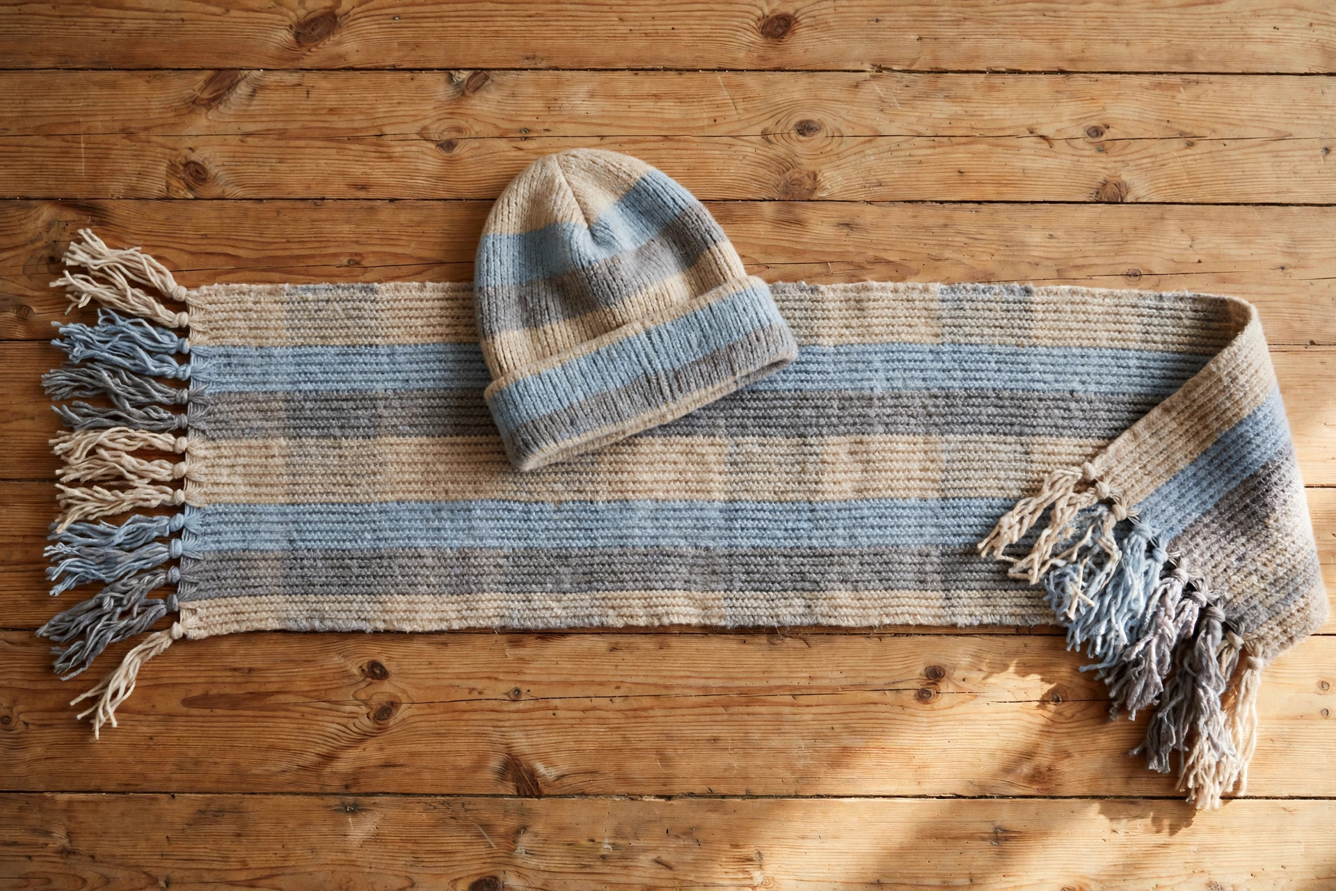Beige Blue Grey Striped Knit Beanie & Scarf Set — image 6