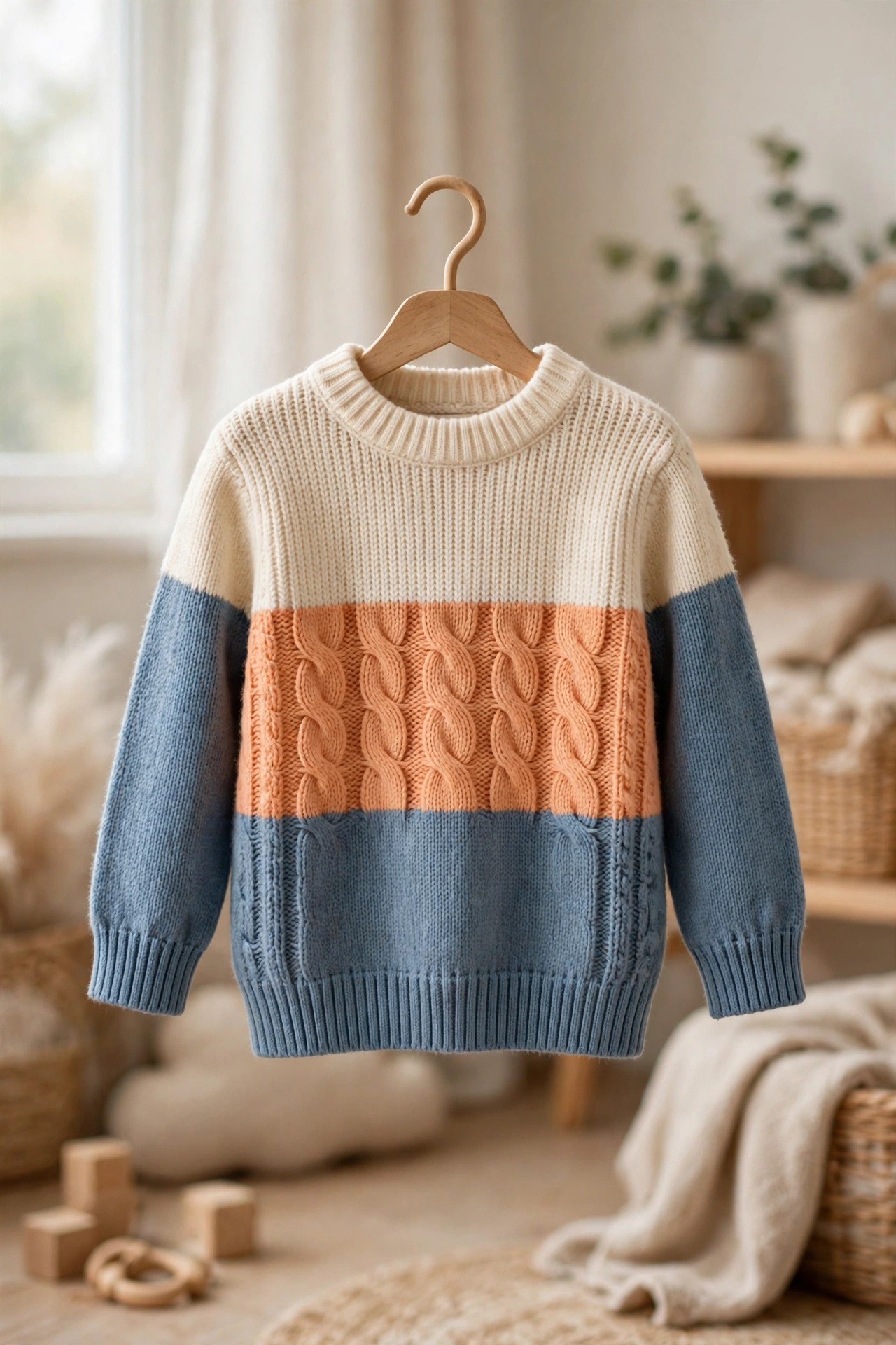 Kids Cream Peach & Blue Cable Sweater — image 2