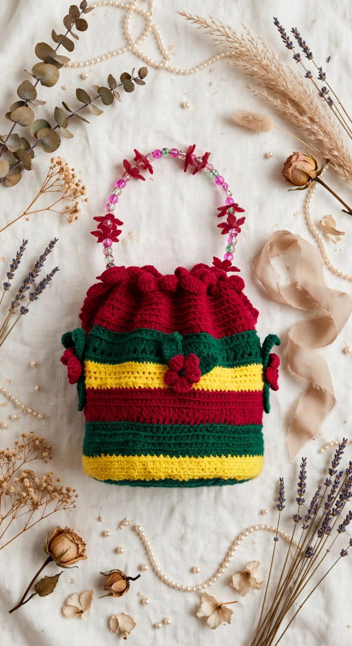 Rainbow Bloom crochet drawstring bag in a styled flat-lay arrangement with coordinating accessories