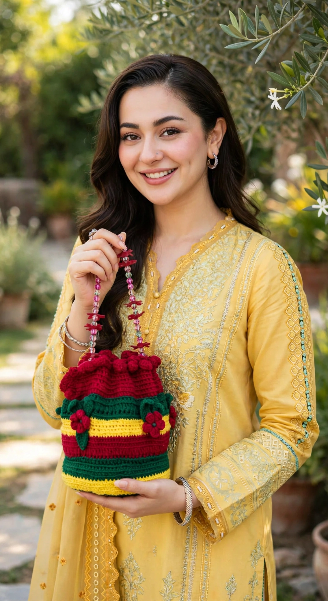 Rainbow Bloom crochet drawstring bag held by Hania Aamir