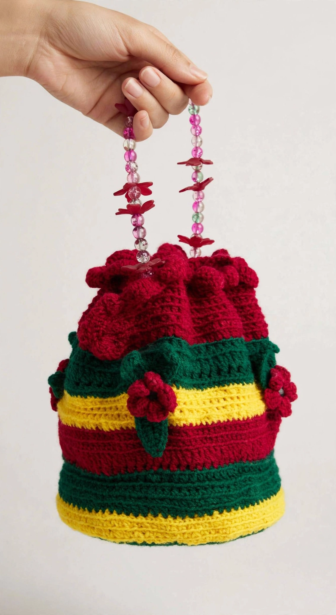 Rainbow Bloom crochet drawstring bag held in hand, showing its size and drawstring top