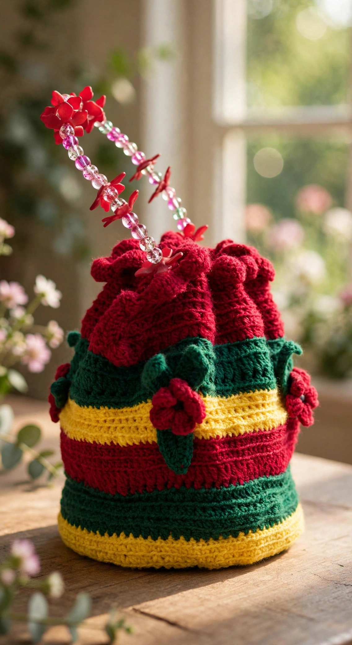 Rainbow Bloom crochet drawstring bag styled in a bright lifestyle scene
