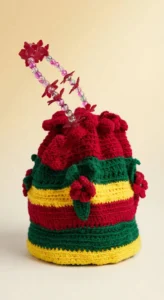 Rainbow Bloom Crochet Drawstring Bag — Handmade