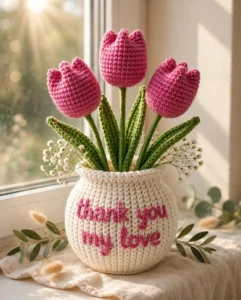 Handmade Crochet Tulip Bouquet in 'Thank You My Love' Pot — 3 Pink Tulips, Everlasting Flower Gift