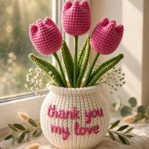 Handmade crochet tulip bouquet in a 'Thank You My Love' pot — three pink tulips, everlasting flower gift