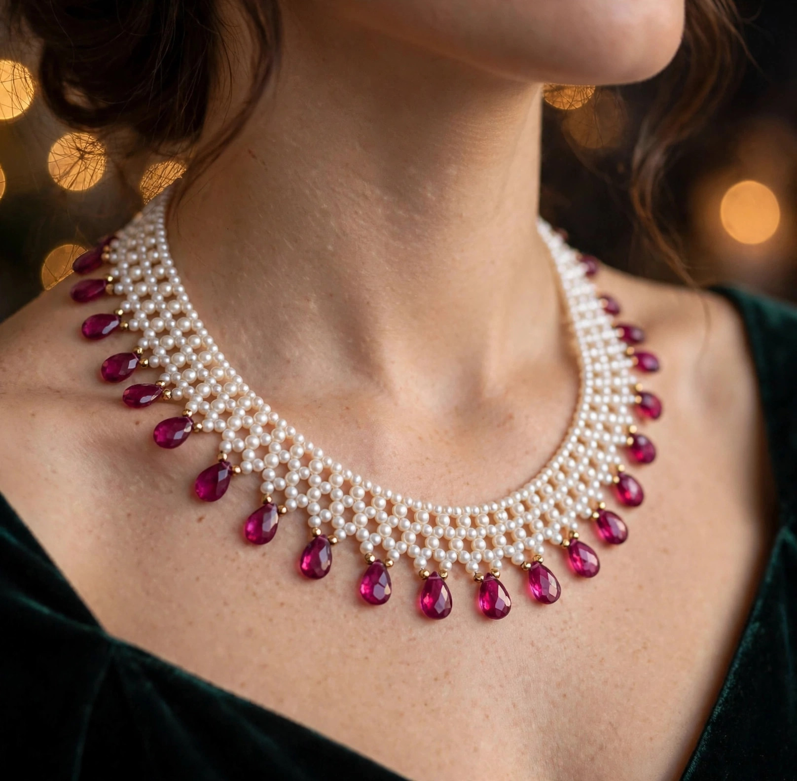 Pearl & Magenta Teardrop Collar Necklace — image 6