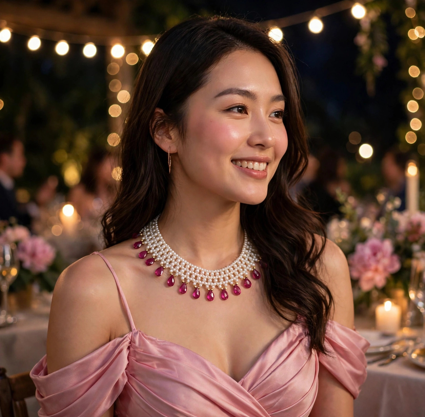 Pearl & Magenta Teardrop Collar Necklace — image 2