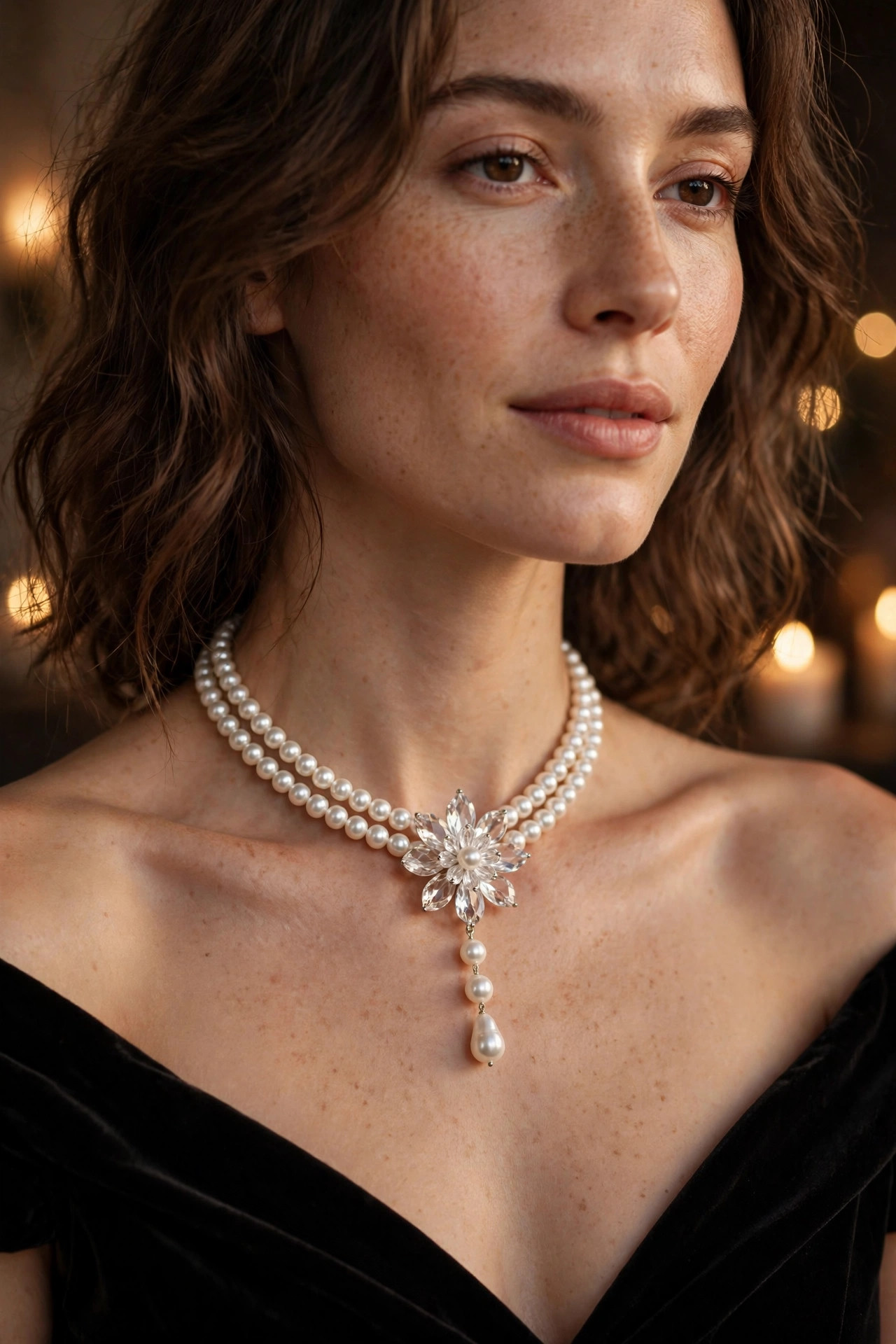 Double-Strand Pearl Necklace with Crystal Pendant — image 2
