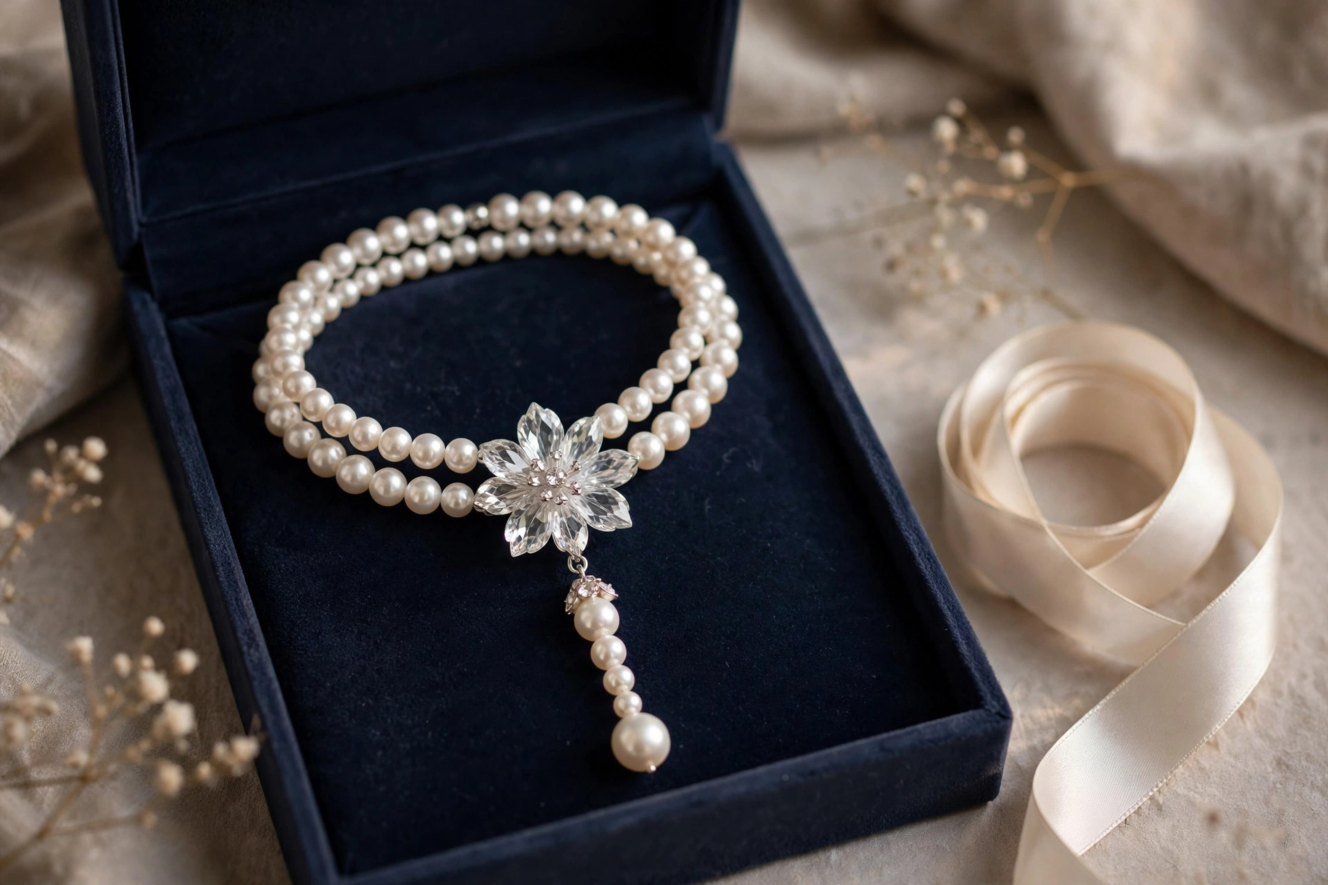 Double-Strand Pearl Necklace with Crystal Pendant — image 4