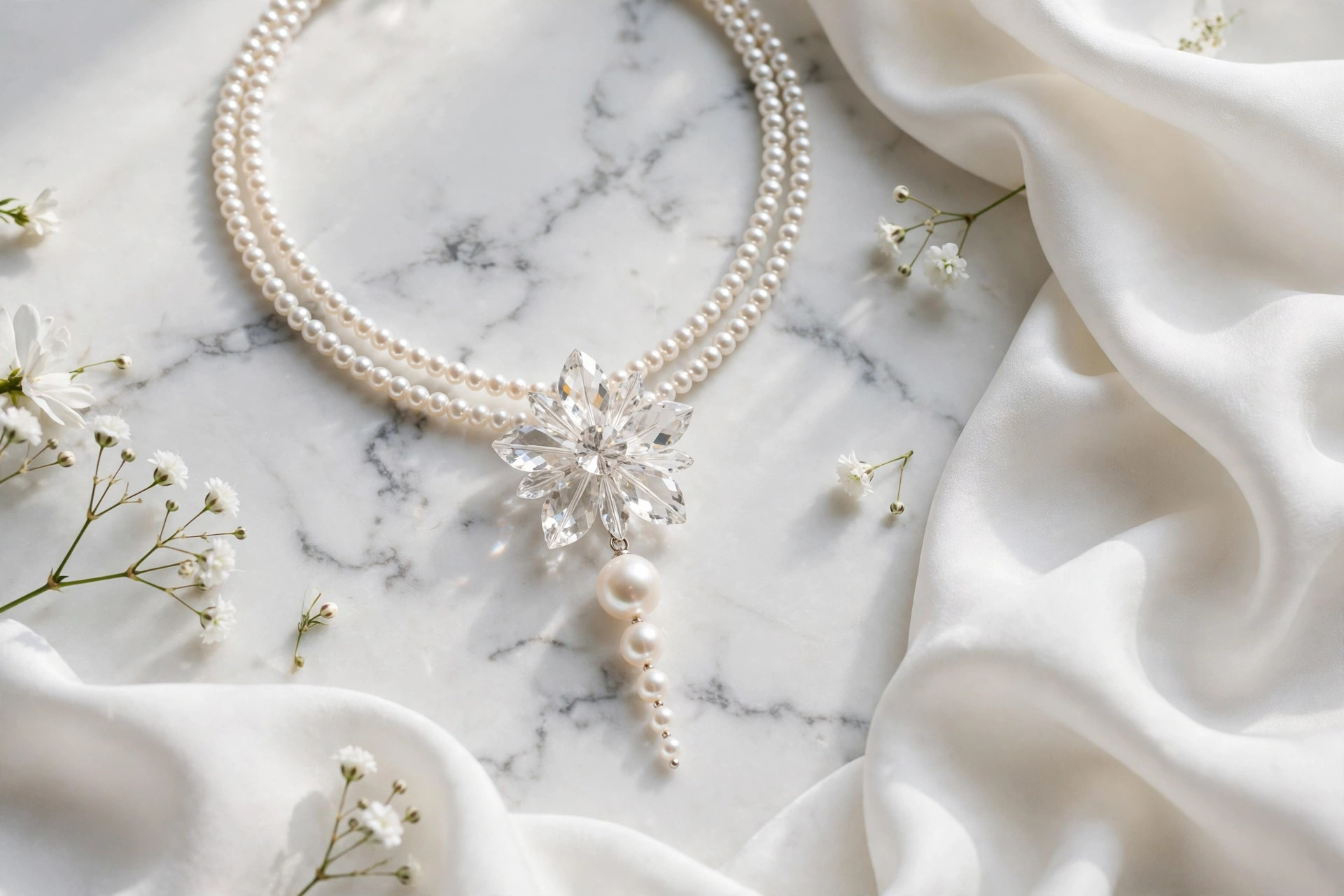 Double-Strand Pearl Necklace with Crystal Pendant — image 5