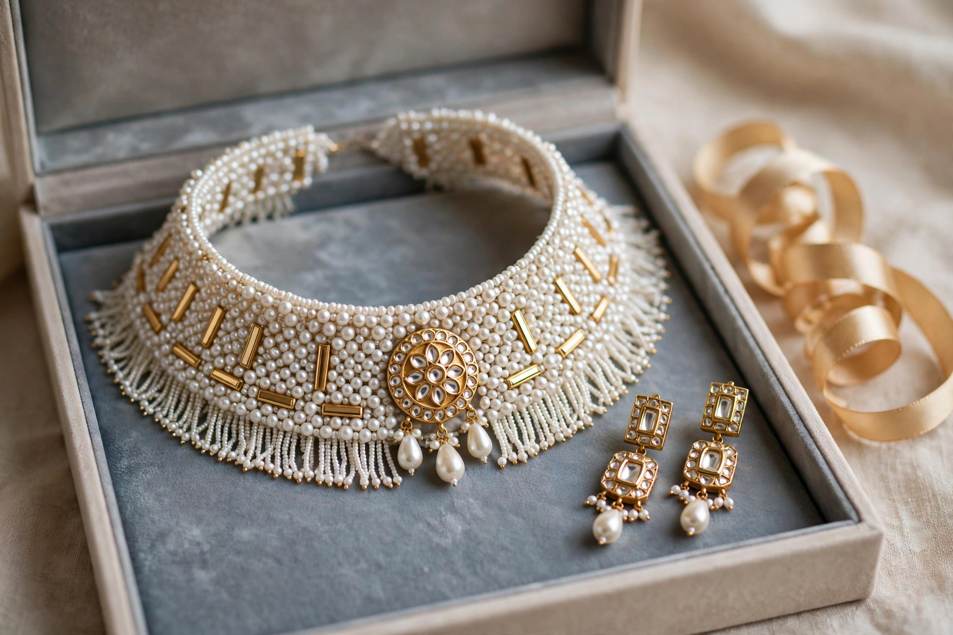 Pearl & Kundan Bridal Collar Set — image 4