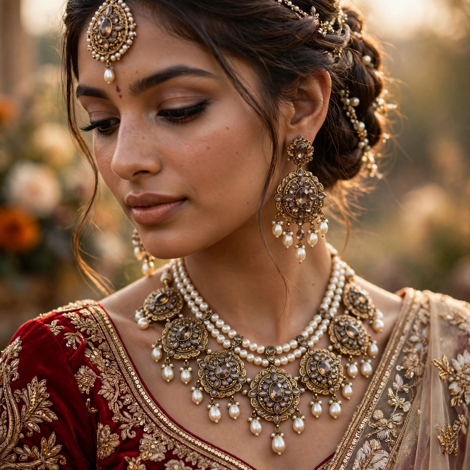 Antique Gold Pearl & Crystal Bridal Set — image 2