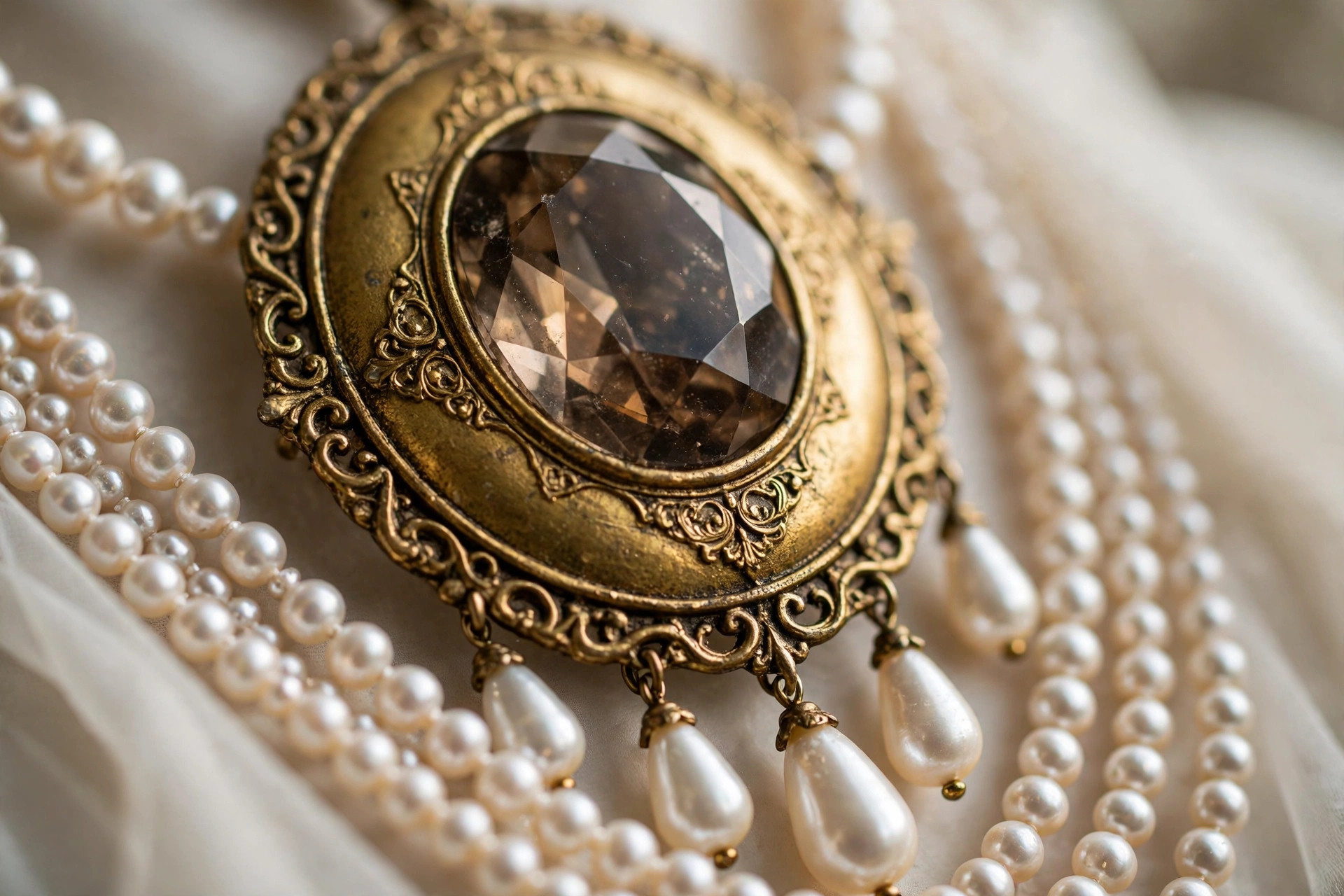 Antique Gold Pearl & Crystal Bridal Set — image 3