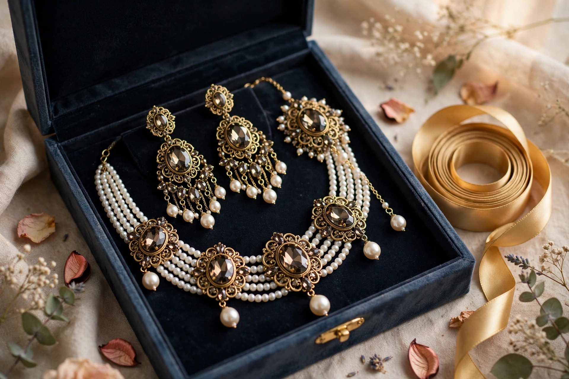 Antique Gold Pearl & Crystal Bridal Set — image 4