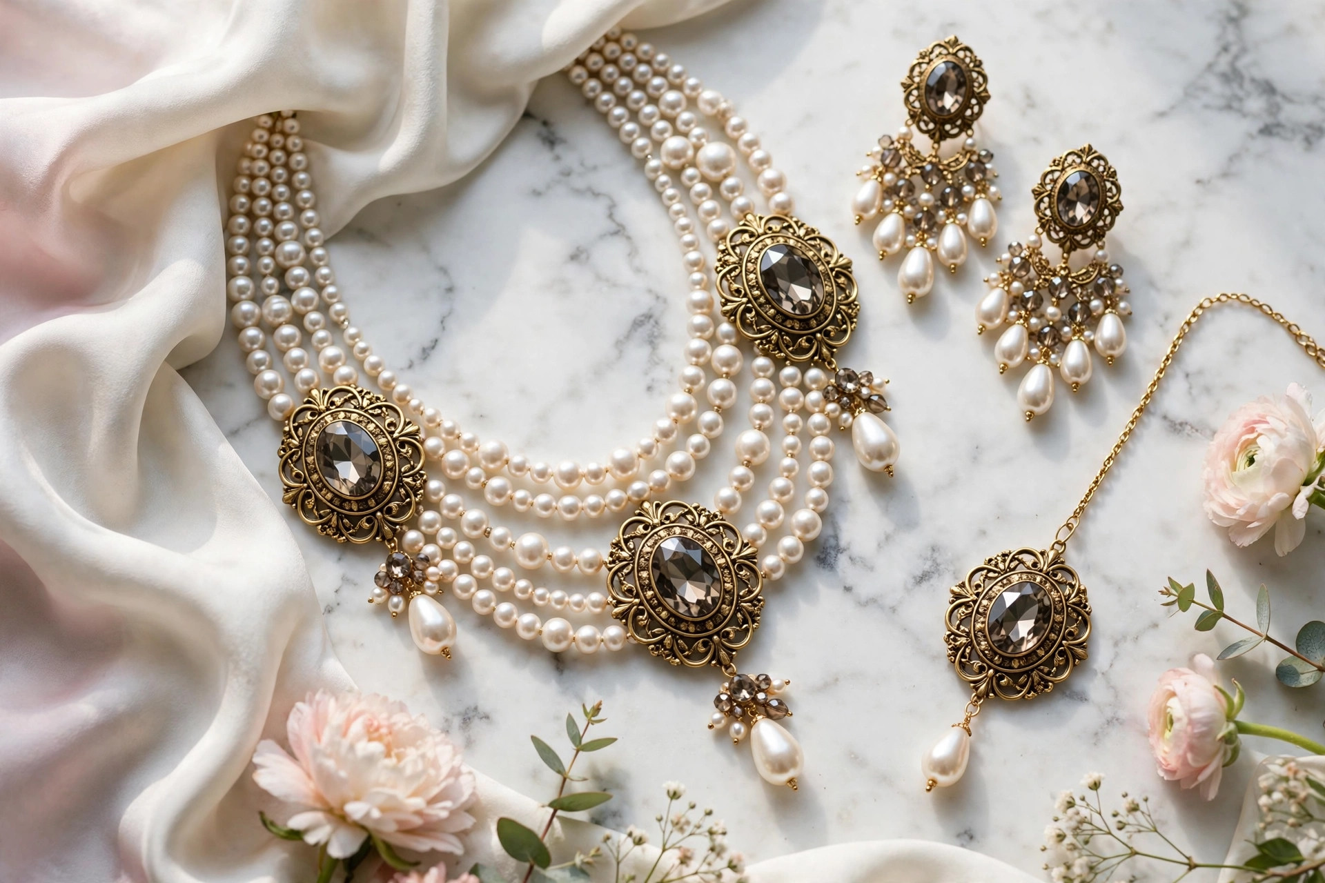 Antique Gold Pearl & Crystal Bridal Set — image 5