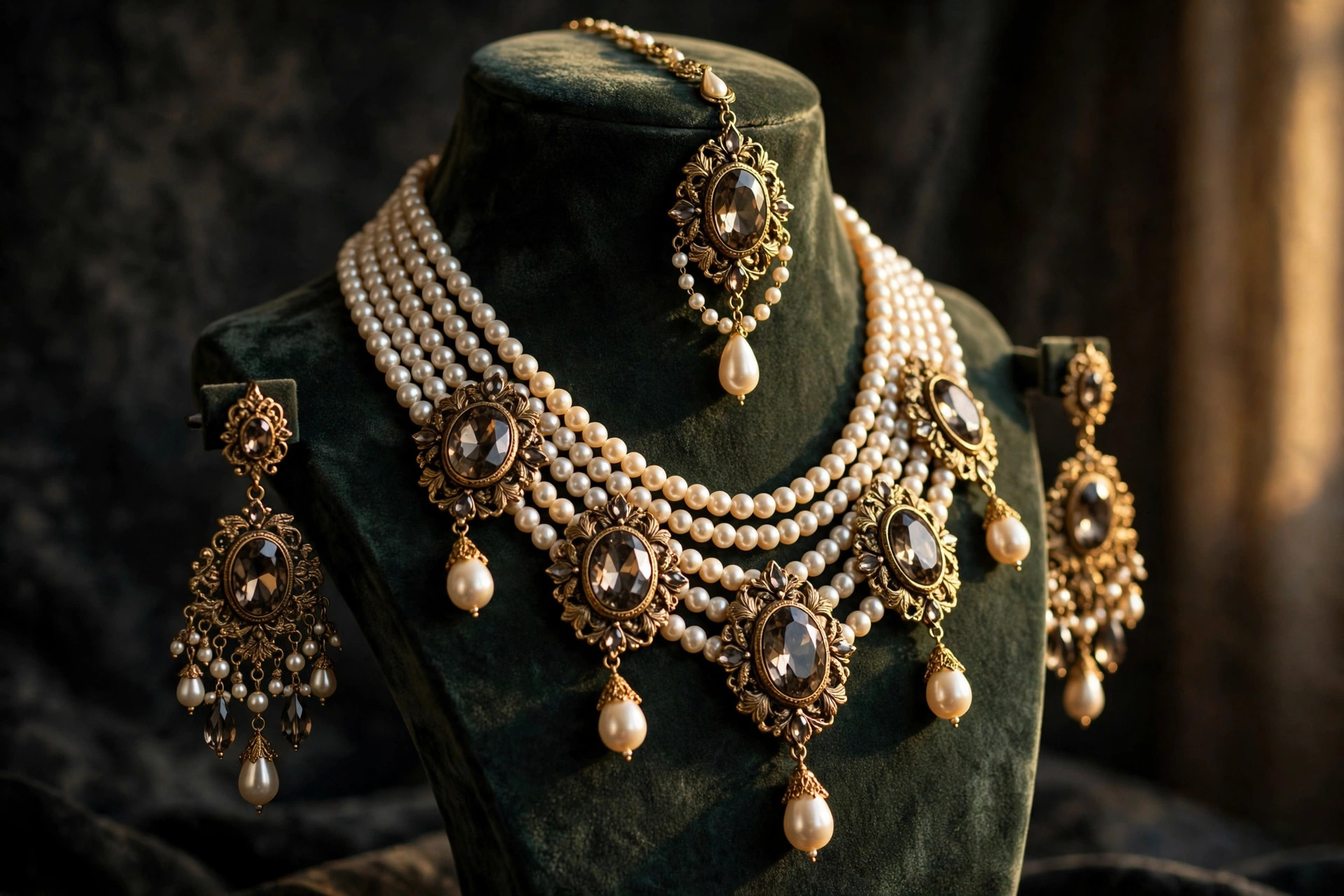 Antique Gold Pearl & Crystal Bridal Set — image 6
