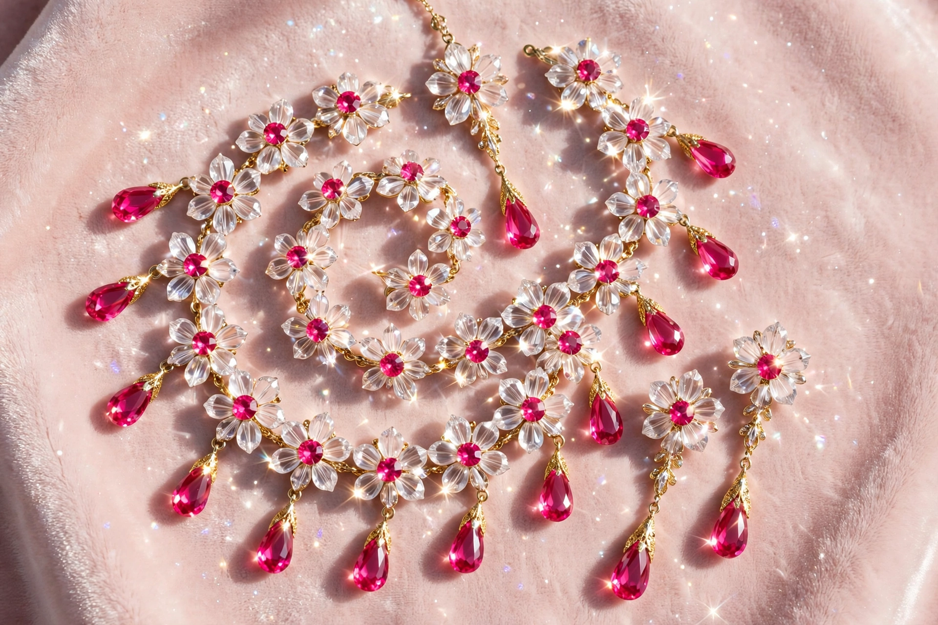 Pink & Clear Crystal Floral Necklace Set — image 6