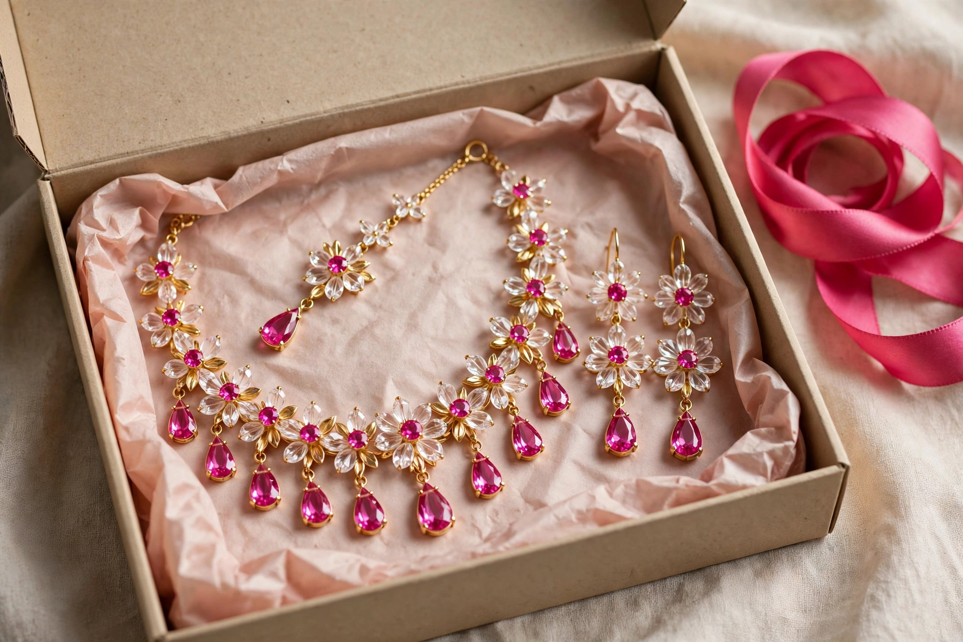 Pink & Clear Crystal Floral Necklace Set — image 4