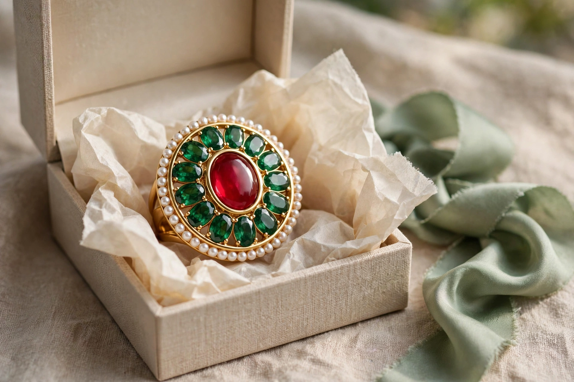 Green & Red Kundan Statement Ring — image 4