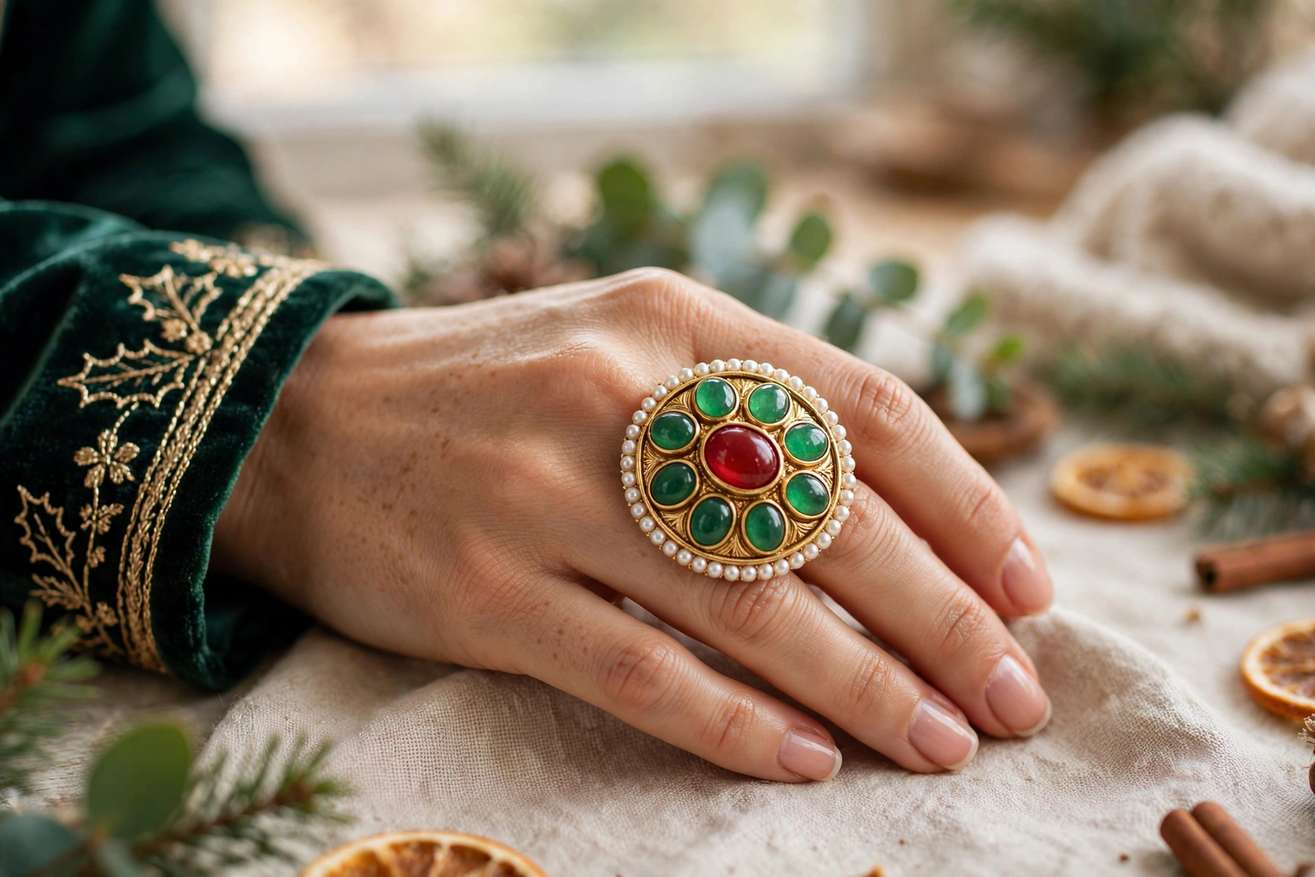Green & Red Kundan Statement Ring — image 2