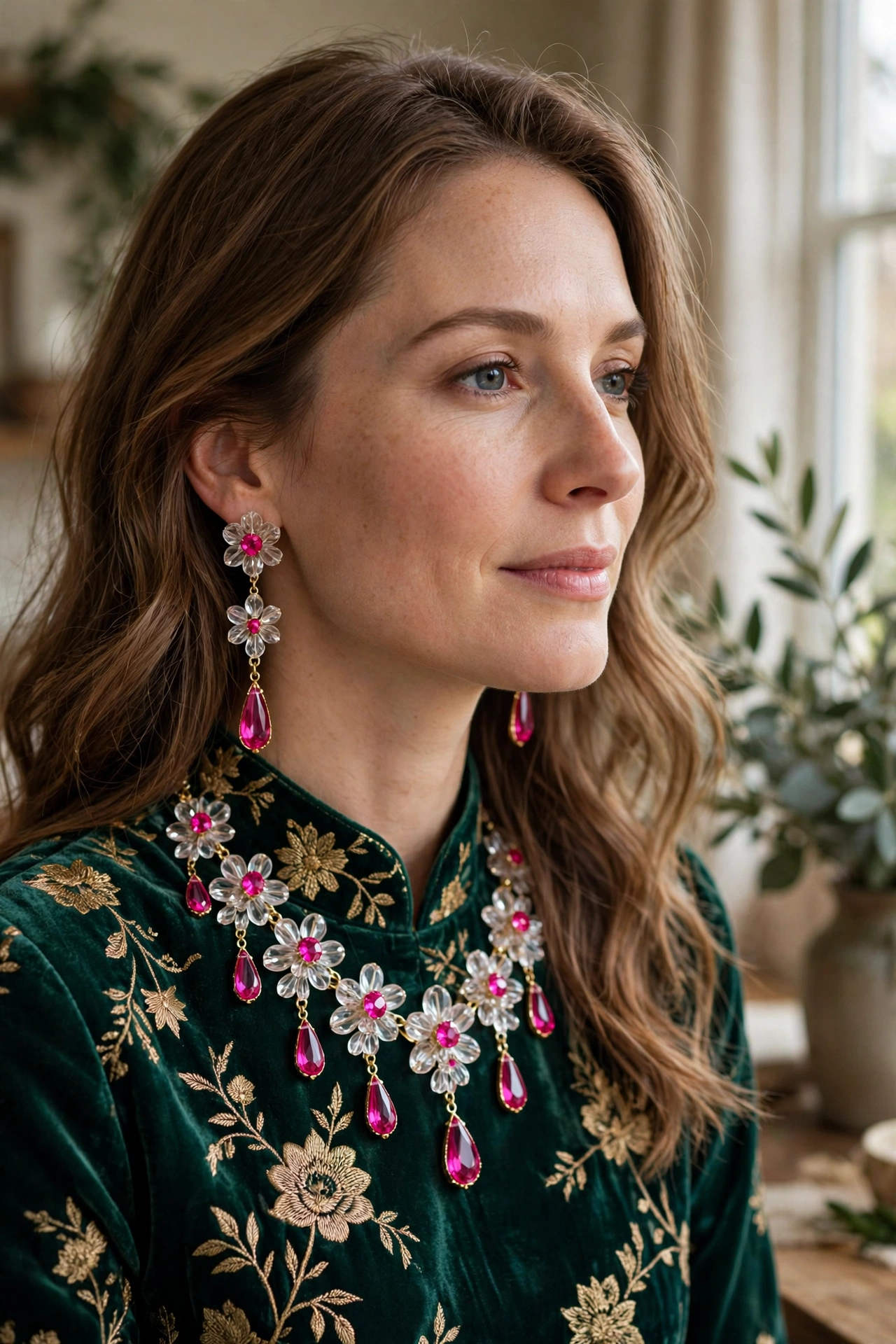 Pink & Clear Crystal Floral Necklace Set — image 2