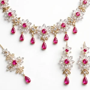 Pink & Clear Crystal Floral Necklace Set — image 1