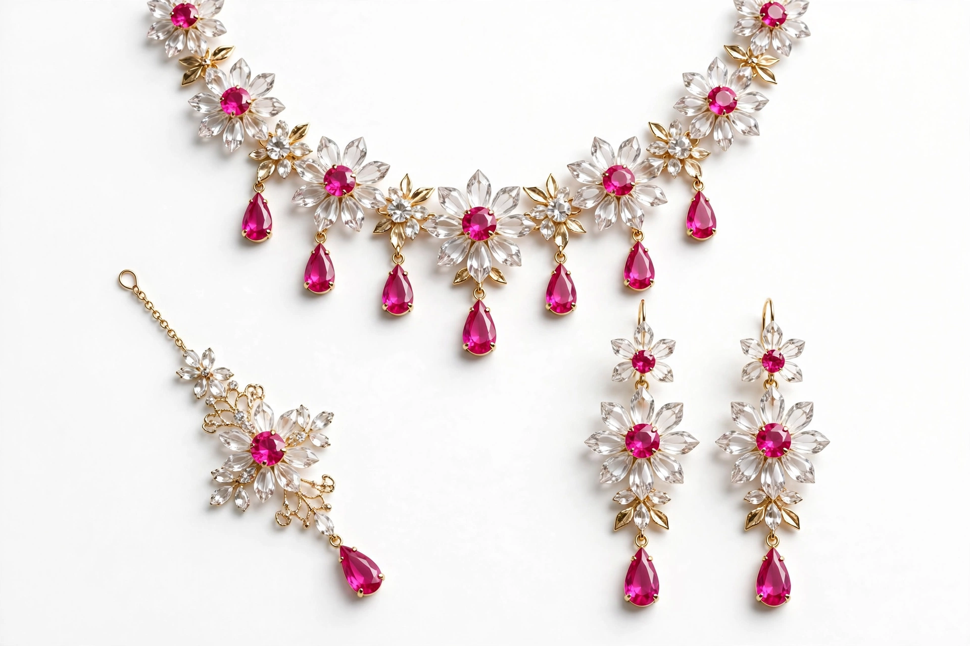 Pink & Clear Crystal Floral Necklace Set — image 1
