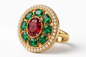 Green & Red Kundan Statement Ring