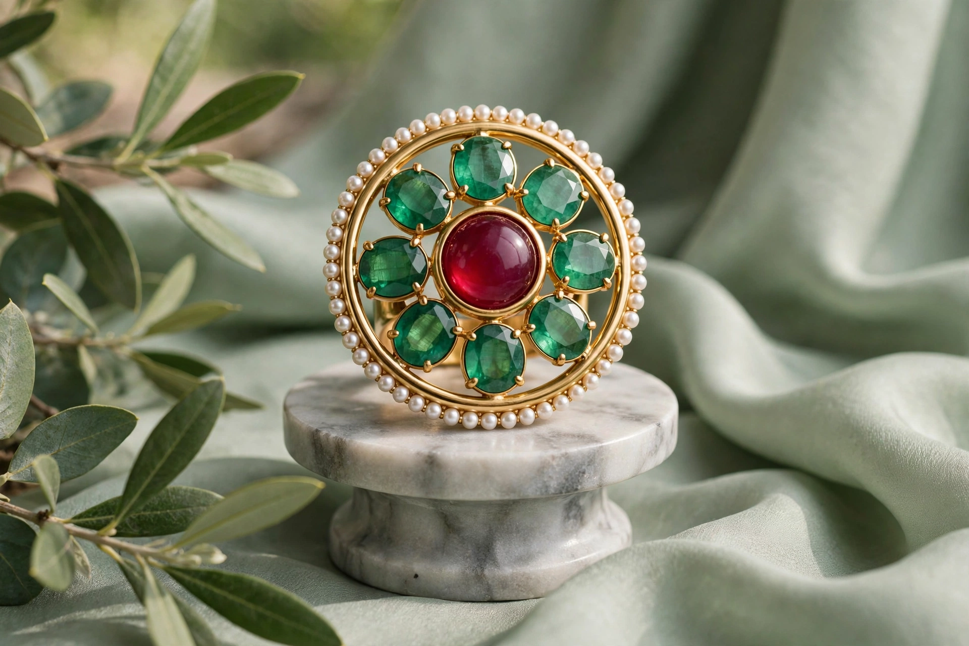 Green & Red Kundan Statement Ring — image 5