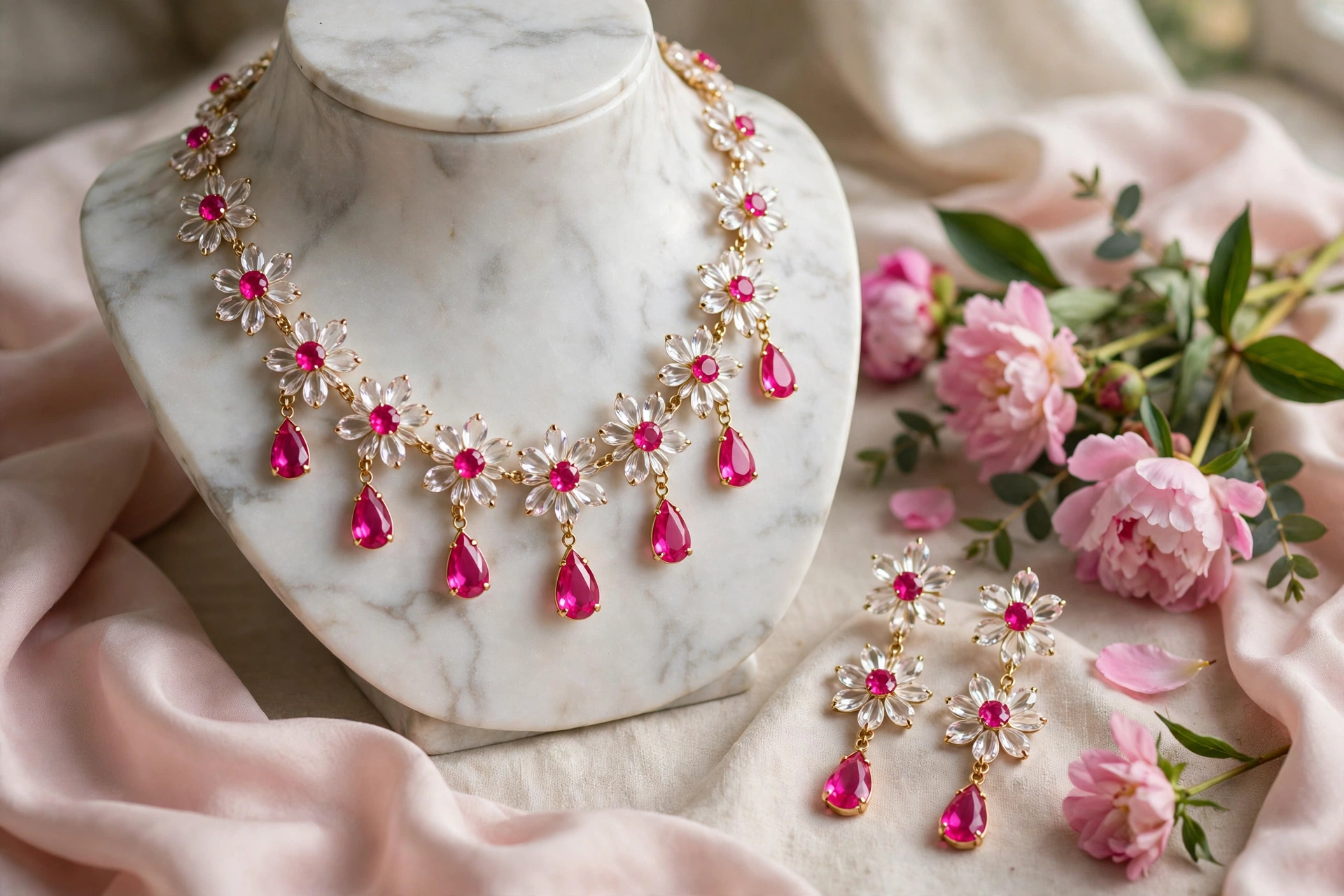 Pink & Clear Crystal Floral Necklace Set — image 5