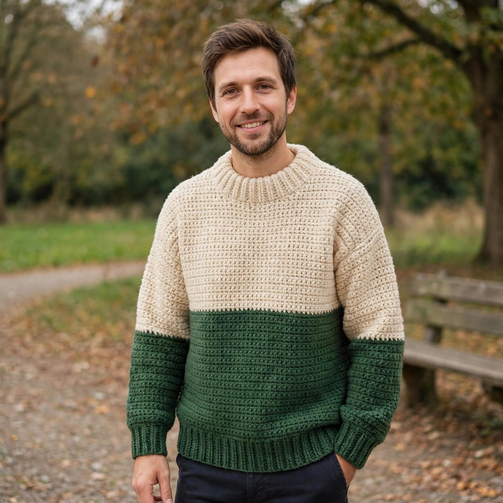 Men's Cream & Green Two-Tone Sweater — image 2