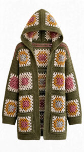 Olive Hooded Granny Square Cardigan