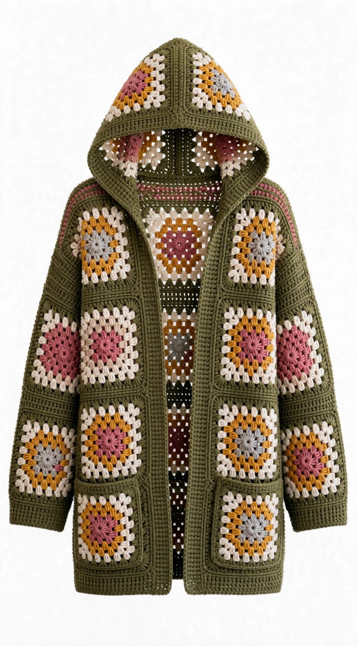 Olive Hooded Granny Square Cardigan — image 1