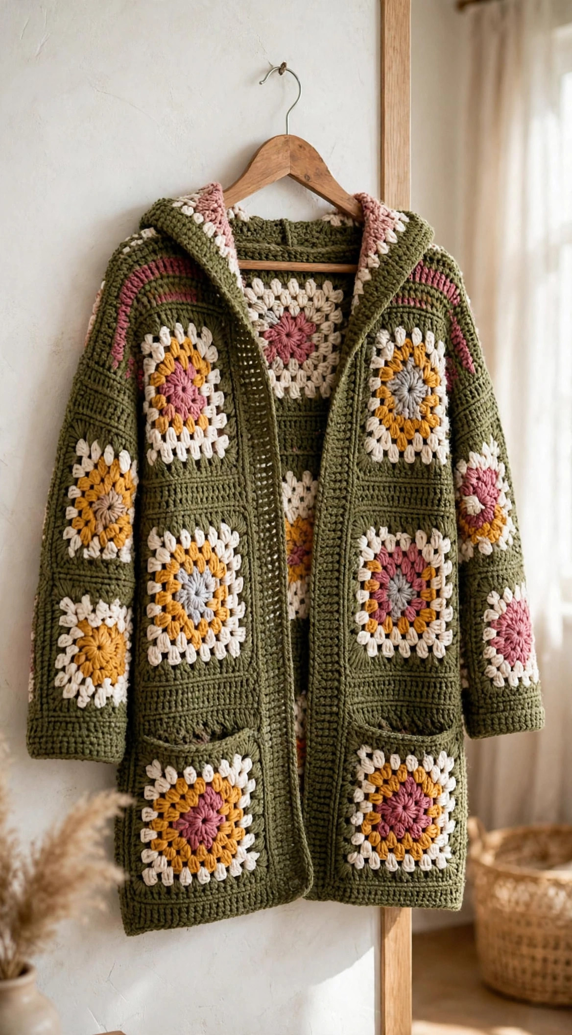 Olive Hooded Granny Square Cardigan — image 5