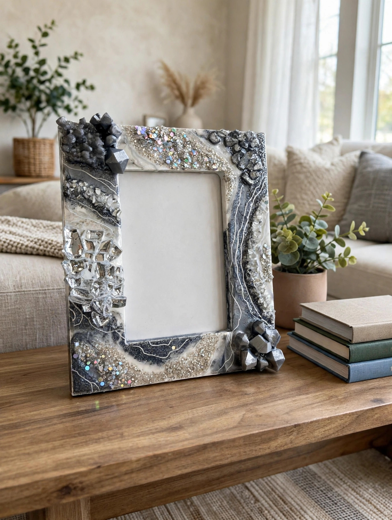 Resin geode frame styled on console table in living room