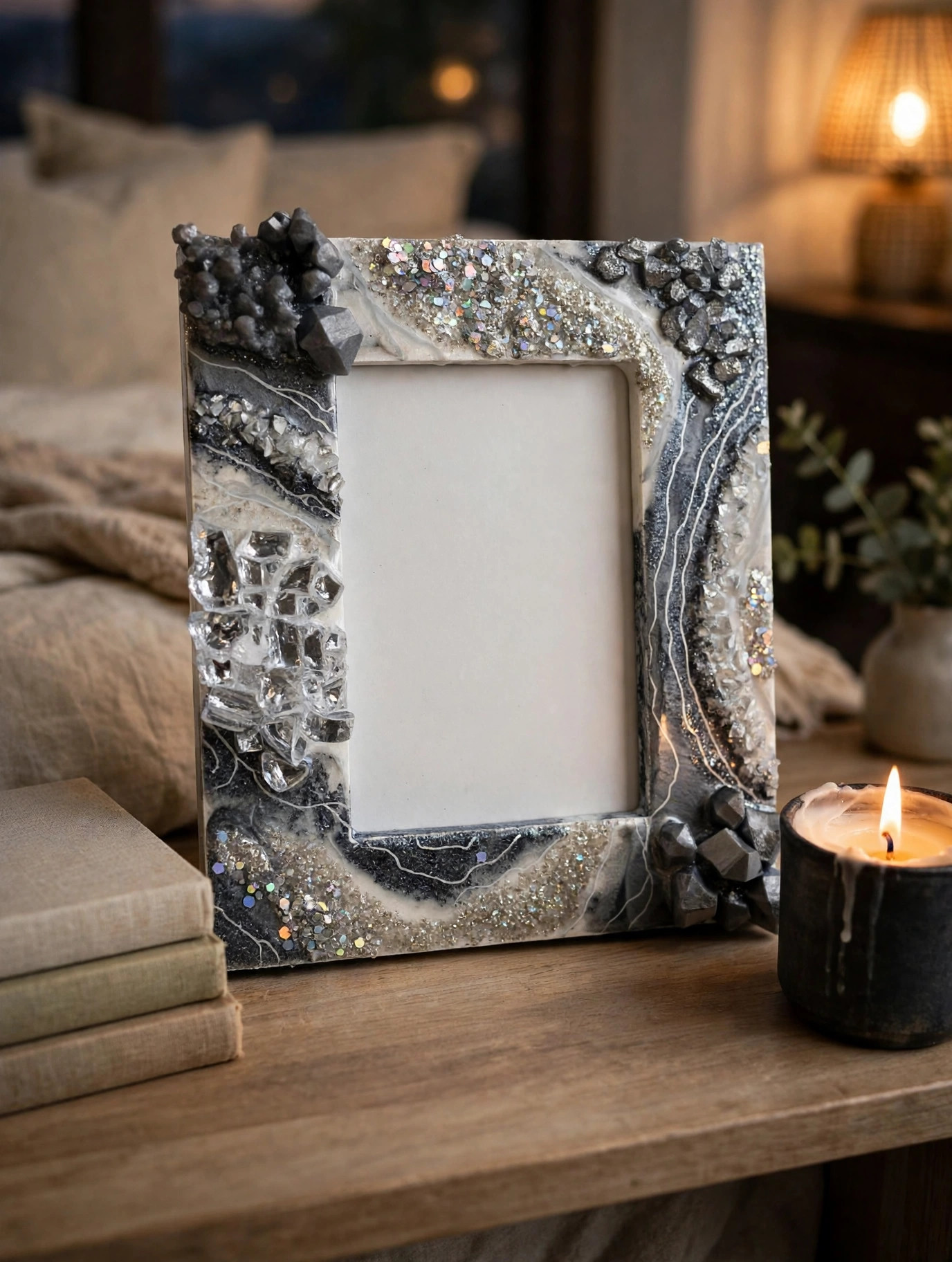 Resin geode frame detail showing glitter and texture