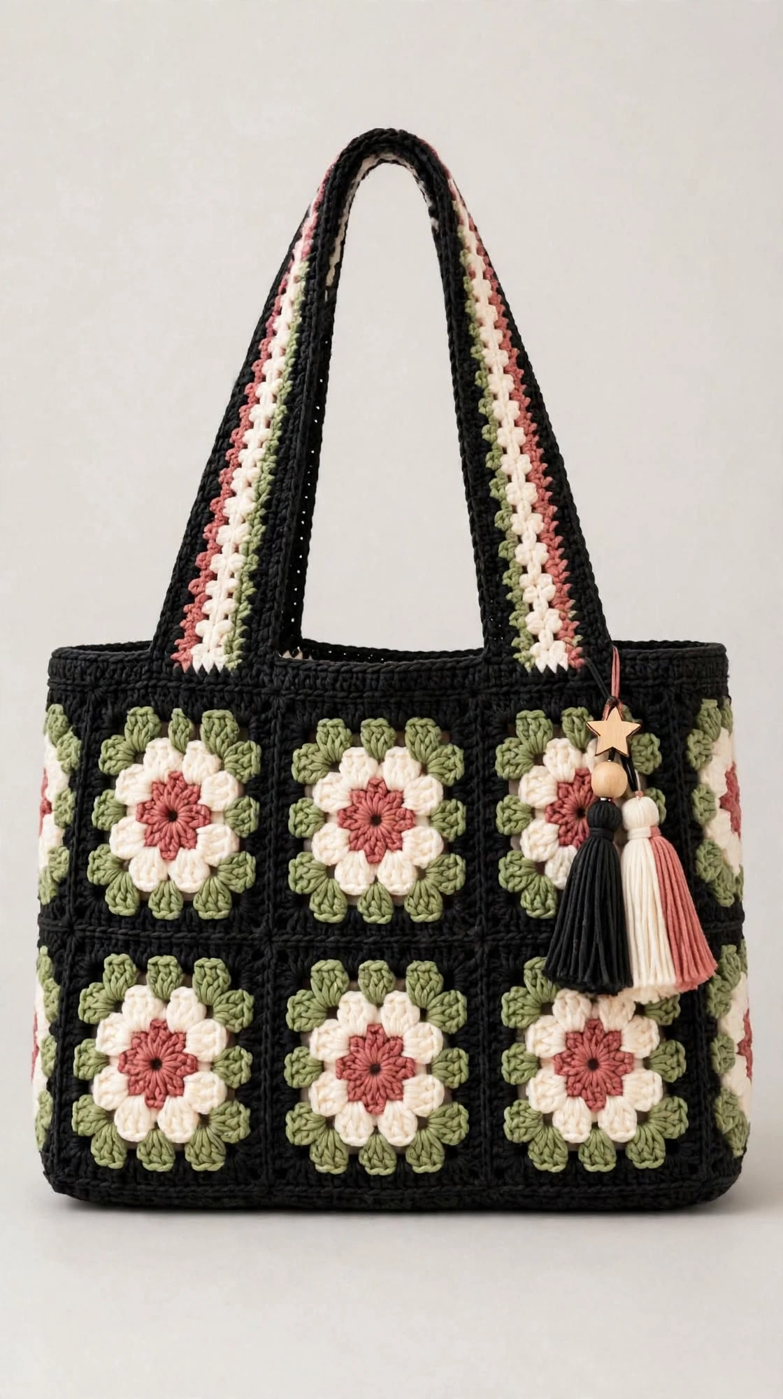 Black Floral Crochet Tote Bag with Tassel Charm — image 1