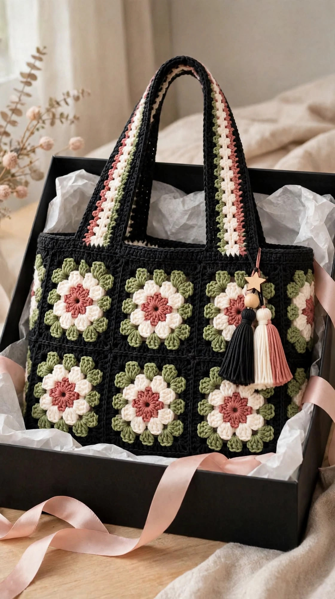 Black Floral Crochet Tote Bag with Tassel Charm — image 4