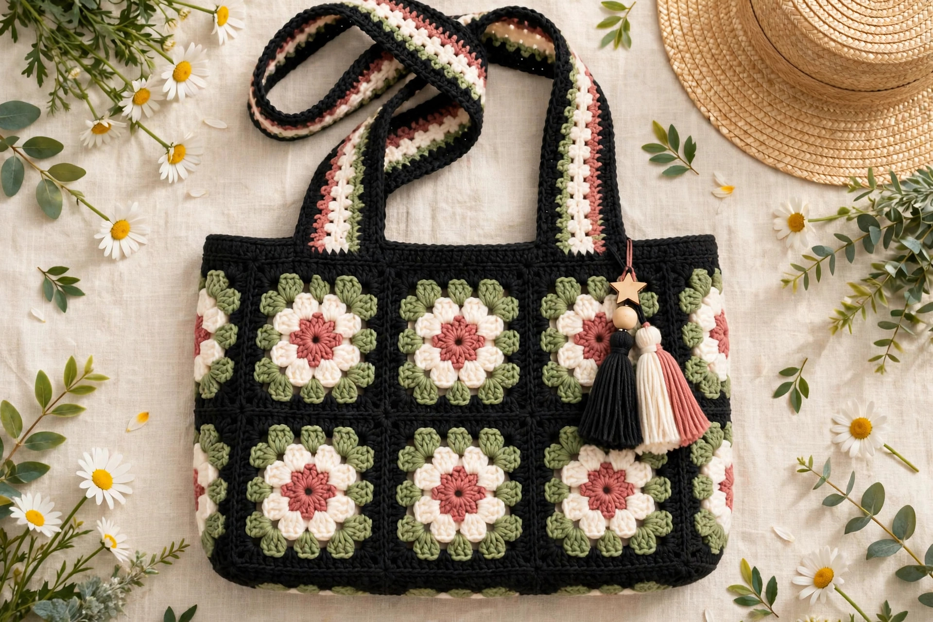 Black Floral Crochet Tote Bag with Tassel Charm — image 6