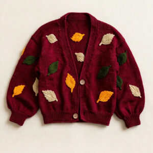 Burgundy Leaf-Appliqué Knit Cardigan — image 1