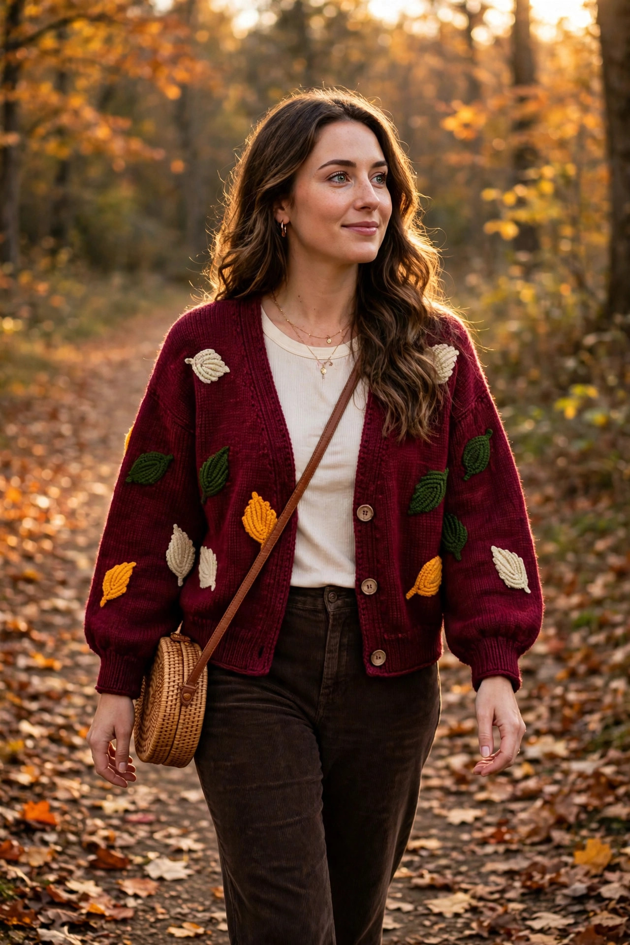 Burgundy Leaf-Appliqué Knit Cardigan — image 3