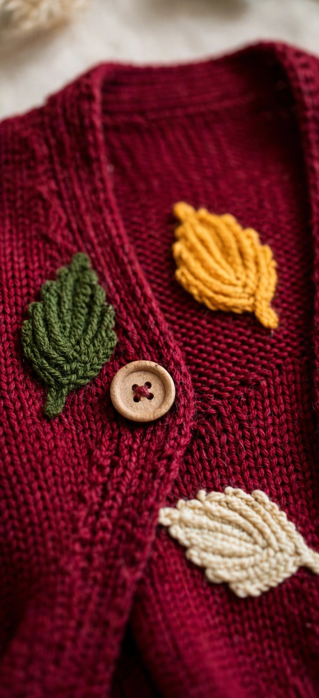 Burgundy Leaf-Appliqué Knit Cardigan — image 4