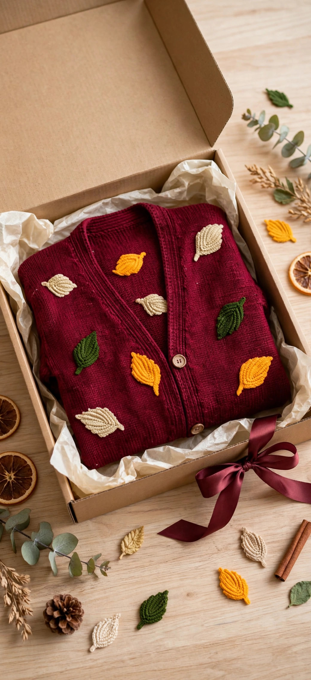 Burgundy Leaf-Appliqué Knit Cardigan — image 5