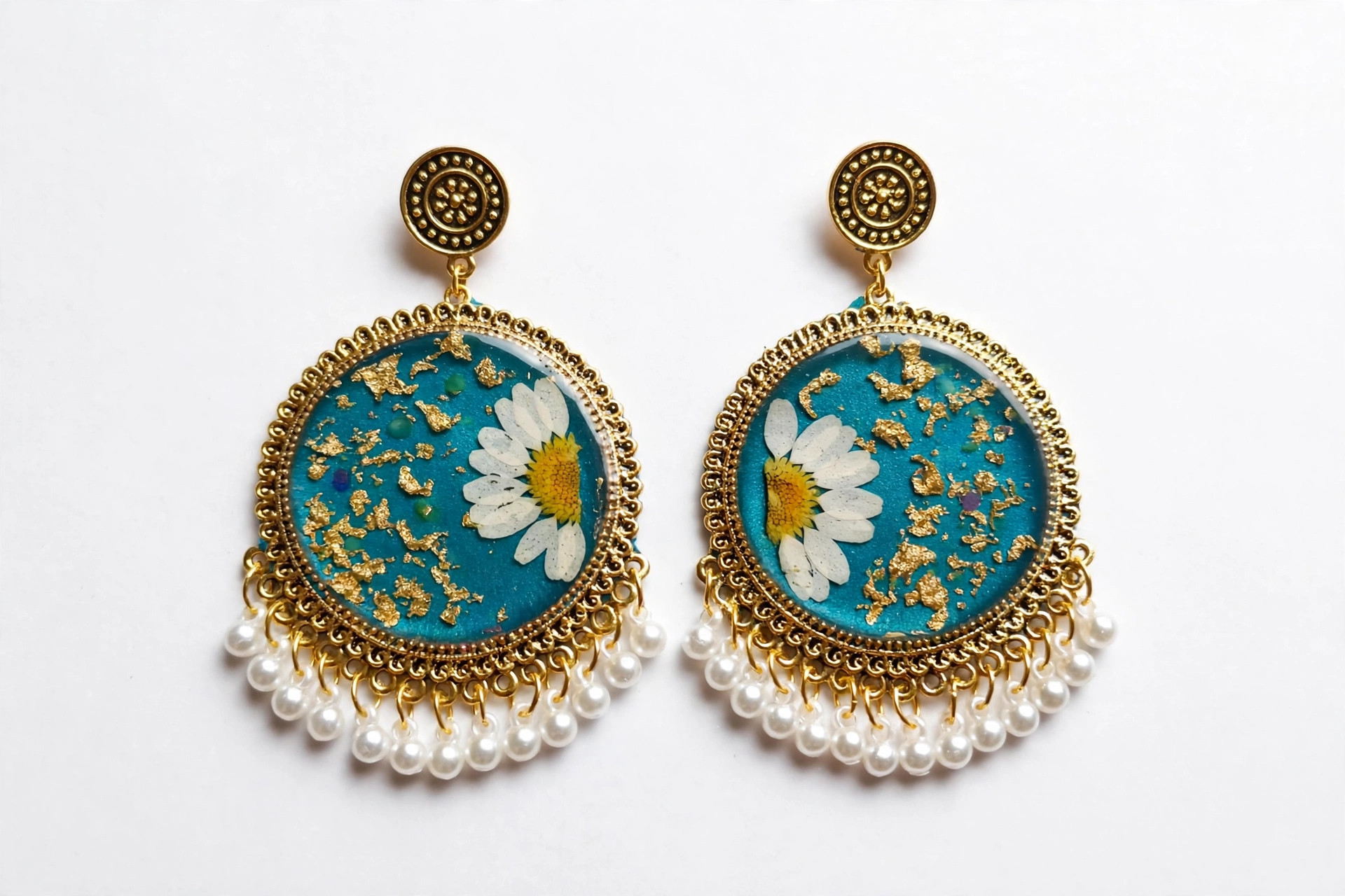 Teal Daisy Resin Statement Earrings — image 1