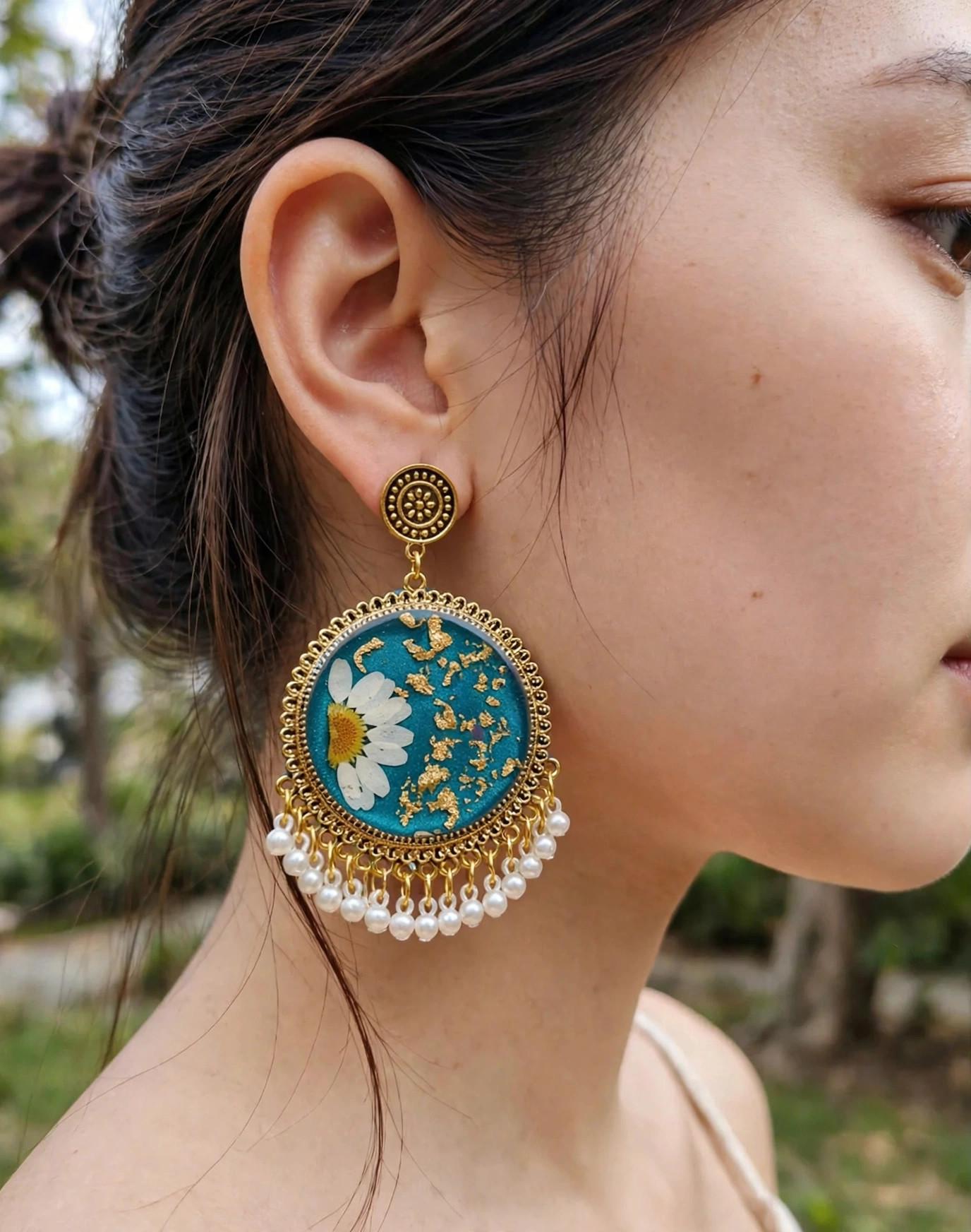 Teal Daisy Resin Statement Earrings — image 2