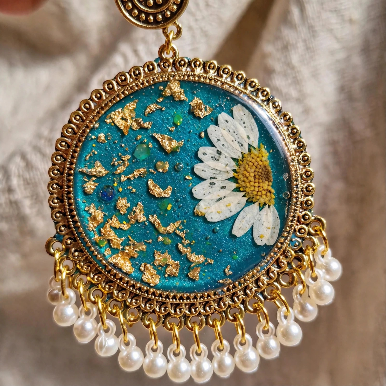 Teal Daisy Resin Statement Earrings — image 3