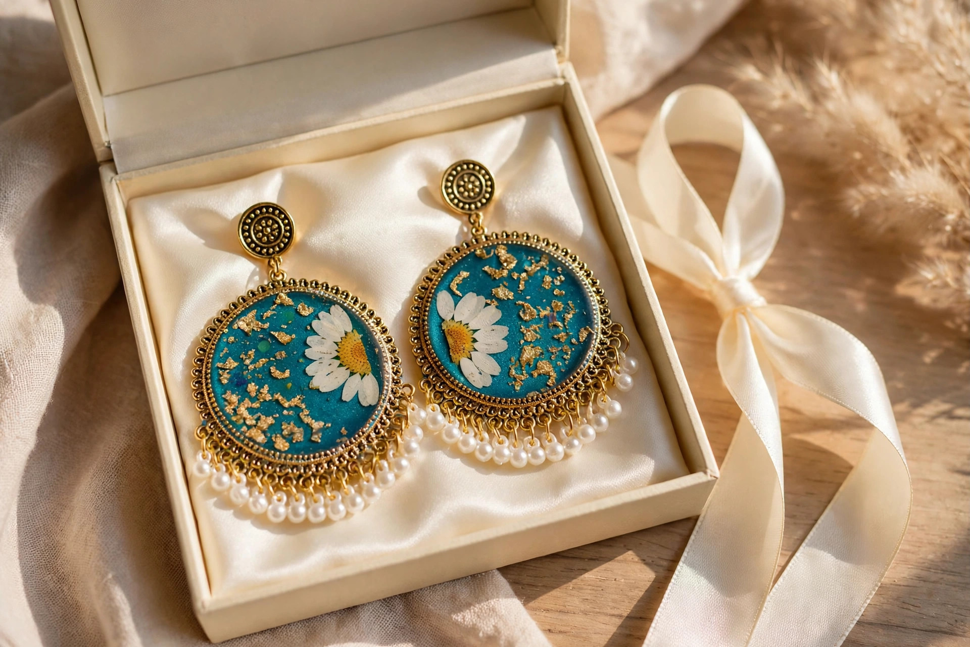 Teal Daisy Resin Statement Earrings — image 4