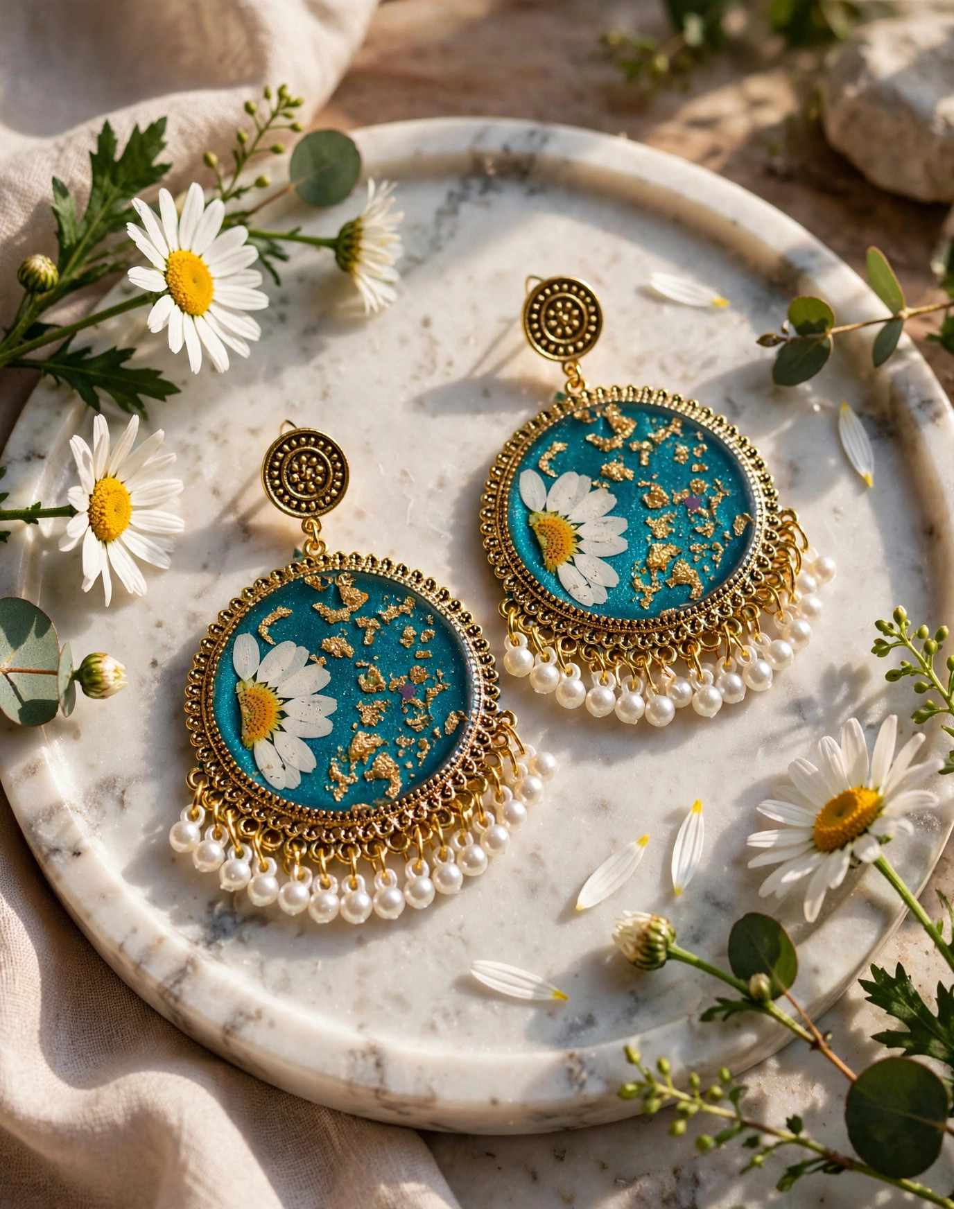 Teal Daisy Resin Statement Earrings — image 5