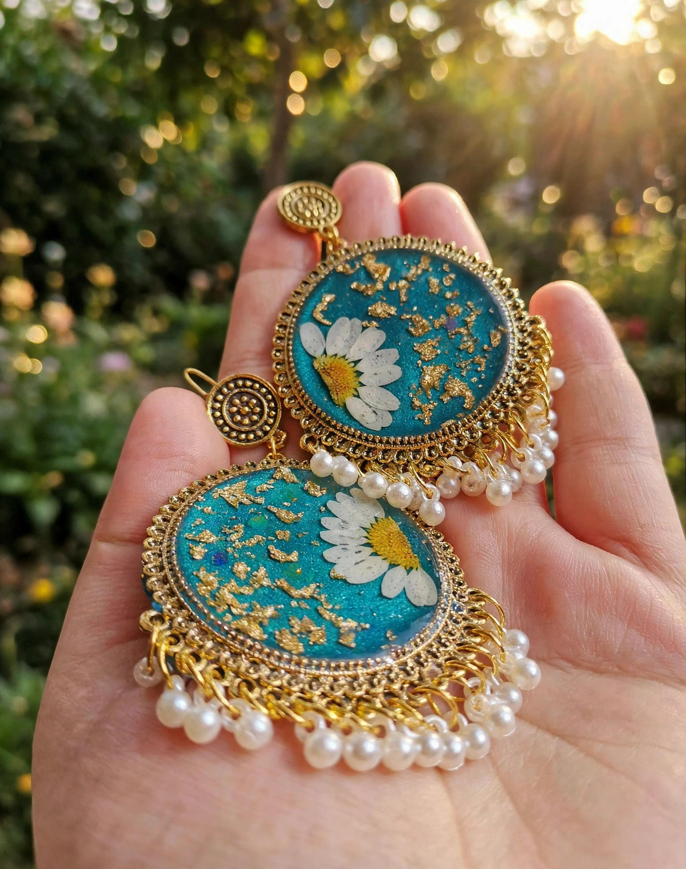 Teal Daisy Resin Statement Earrings — image 6